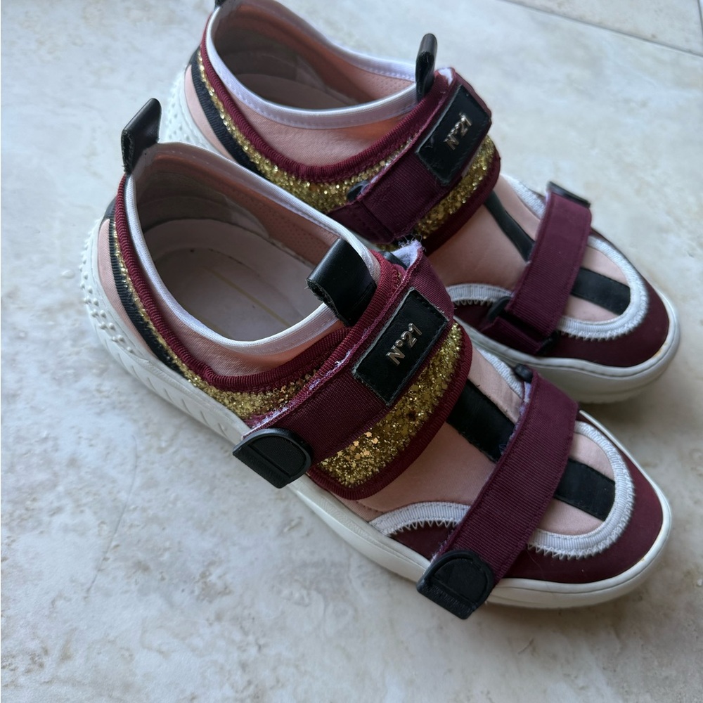 Burgundy, pink and Gold Sneakers with Velcro Straps and Padded Collar